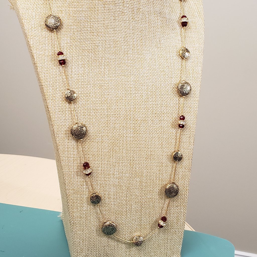 Scroll & Vine Nwt Gold Tone Medallion Red Rhinestone Barrel Beaded Long Necklace